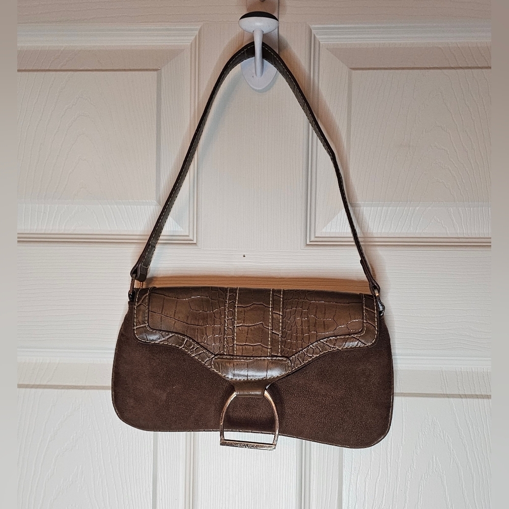 Daisy Fuentes Brown Suede Shoulder Bag Y2K Croc Trim Gold Hardware - Picture 1 of 4